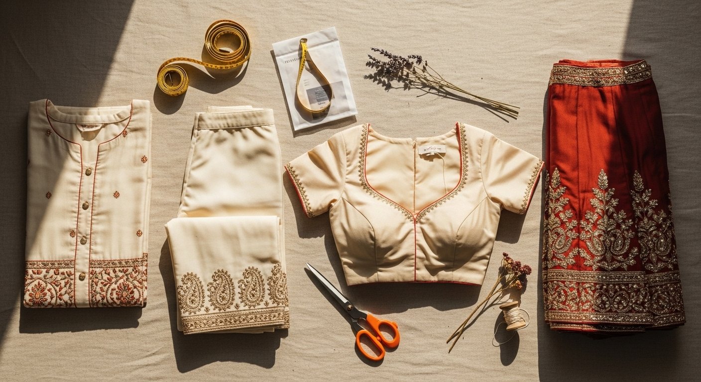 Indian ethnic garments arranged in an editorial flat-lay