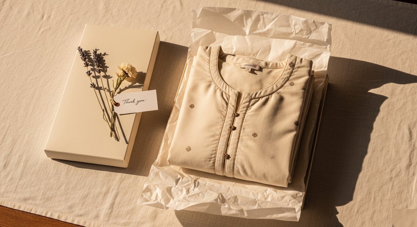 A finished garment, folded and packaged